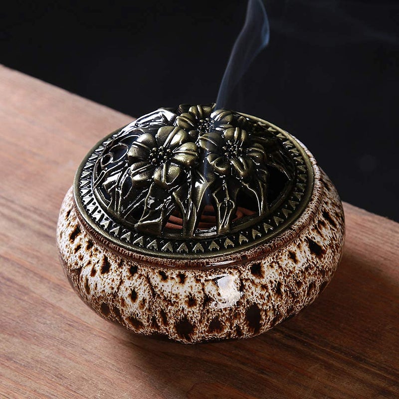 LamDawn Incense Burner with Calabash Incense Stick Holder - Porcelain Charcoal Censer for Use with Resin Granular Powder Cone or Coil Incense (Fambe Gray) - Image 3
